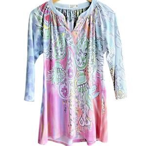 Colorful Boho Paisley Tie Dye 3/4 Sleeve Tunic Top V-neck Artsy Bold ATELIER5 S